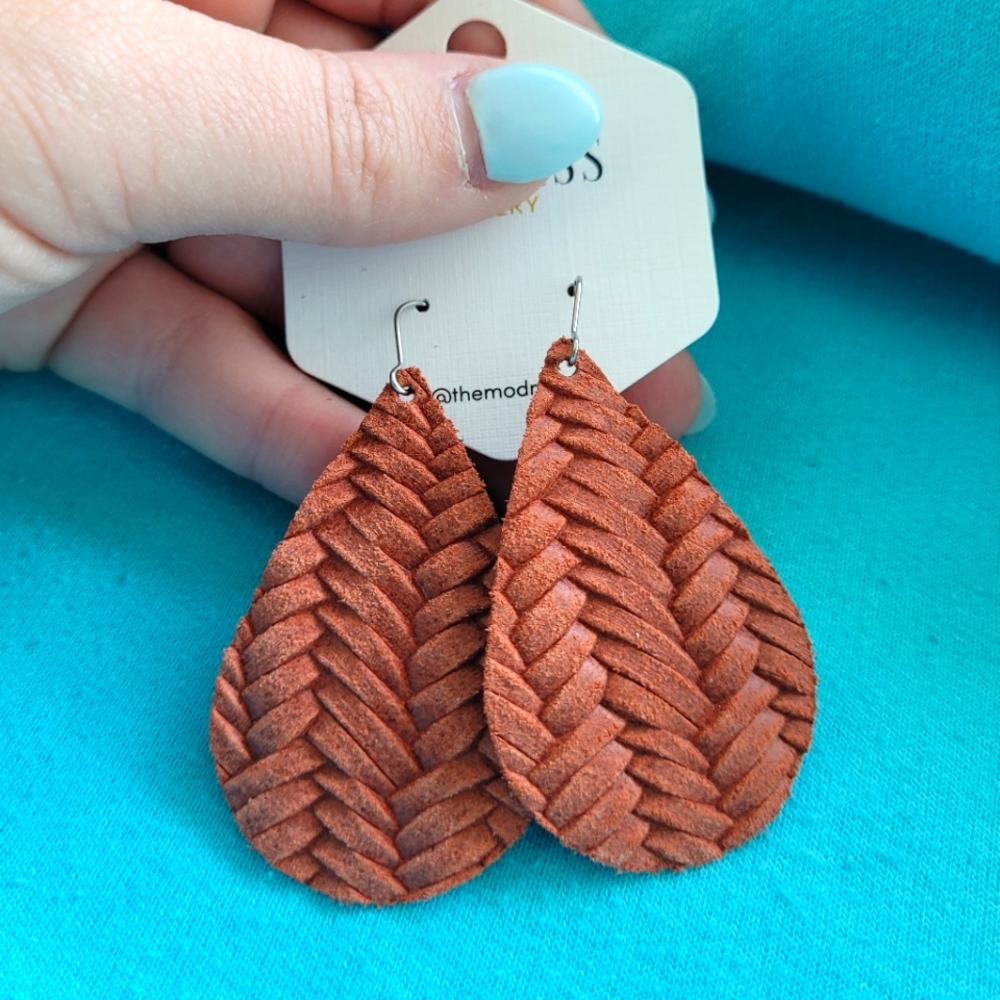 Rust Weaved Leather Teardrop Earrings